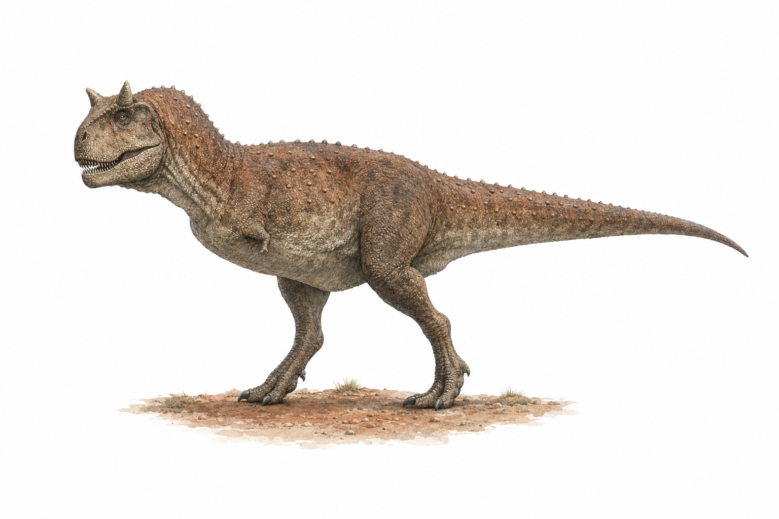 Reconstitution d'un Carnotaurus, théropode bipède à la tête courte portant deux cornes au-dessus des yeux, aux bras minuscules et à la peau écailleuse couverte de bosses, dans un paysage du Crétacé de Patagonie