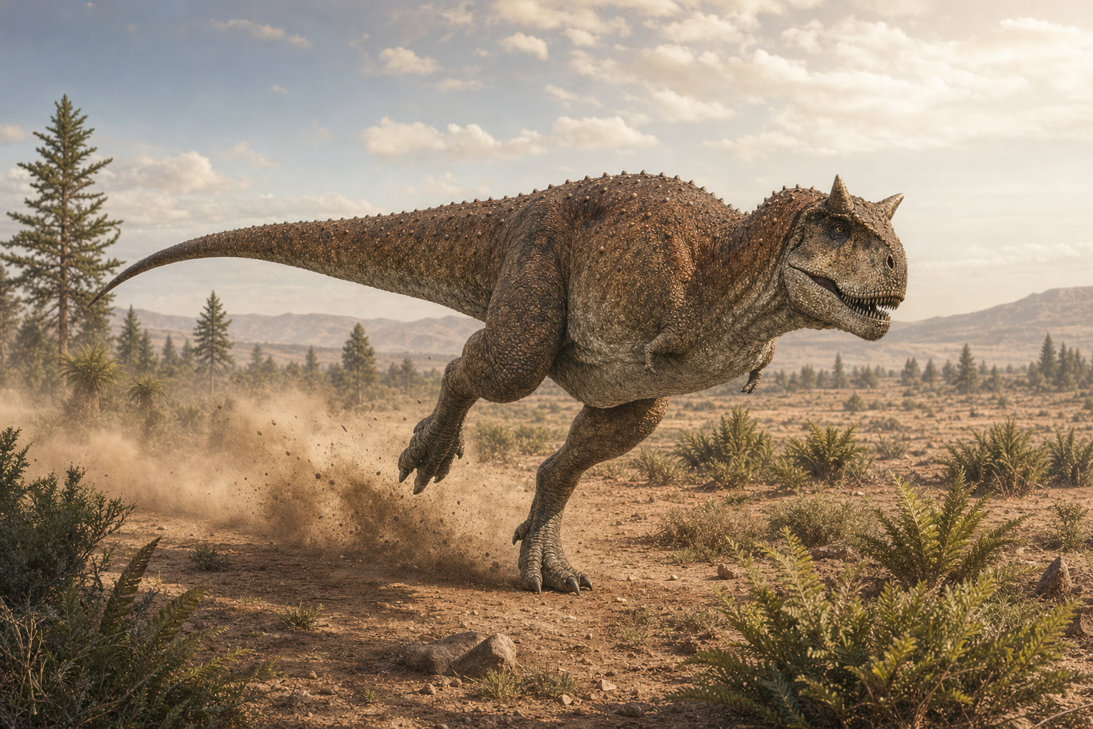 Reconstitution d'un Carnotaurus courant dans une plaine de Patagonie au Crétacé