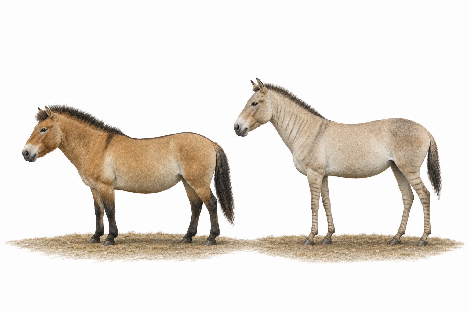 Comparaison entre un cheval caballin trapu (genre Equus) et un cheval à pattes d'échasses plus gracile (Haringtonhippus), côte à côte à la même échelle