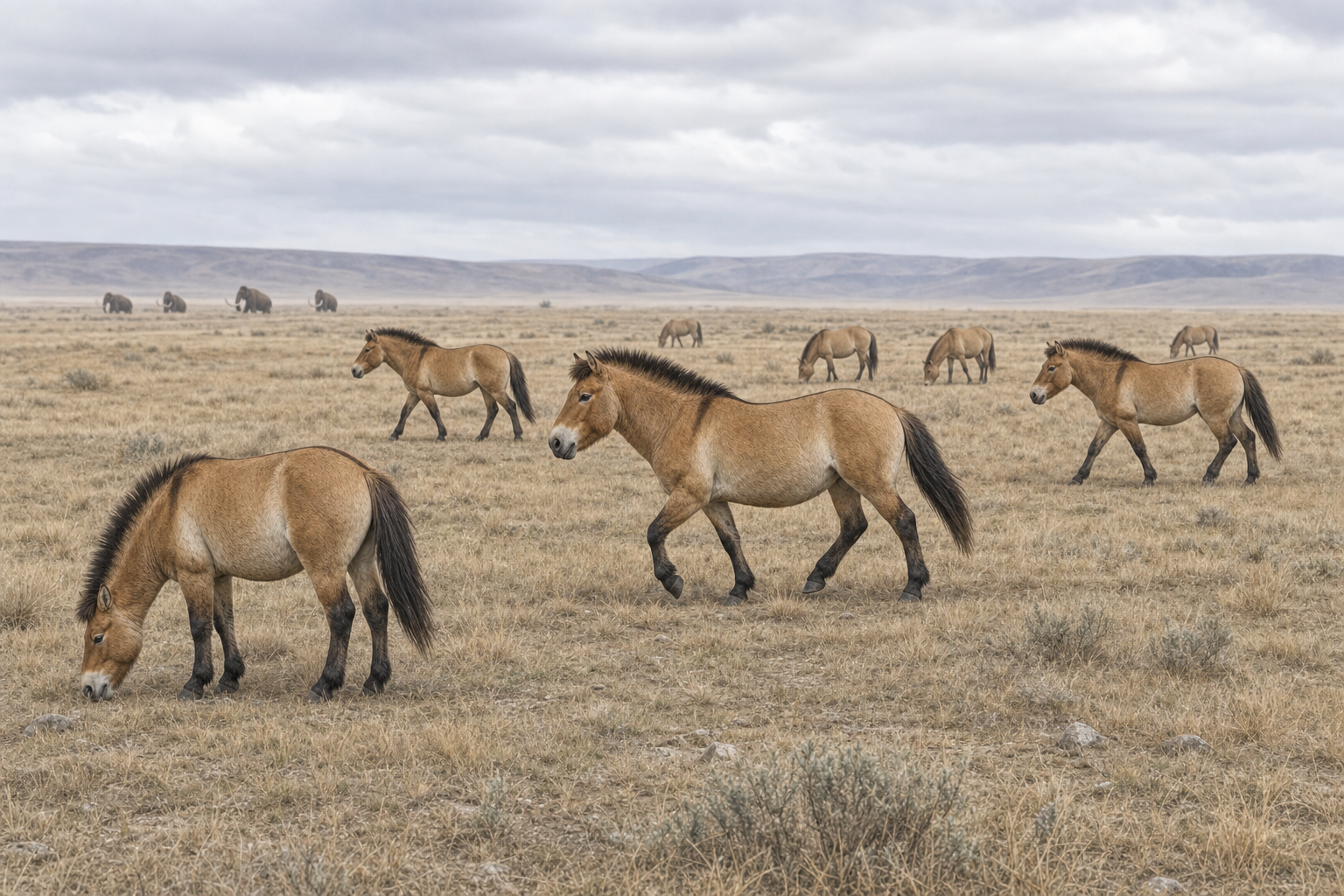 Un troupeau de chevaux sauvages d'Amérique galopant dans une vaste plaine herbeuse de l'âge de glace, sous un ciel pâle, des silhouettes de mammouths au loin