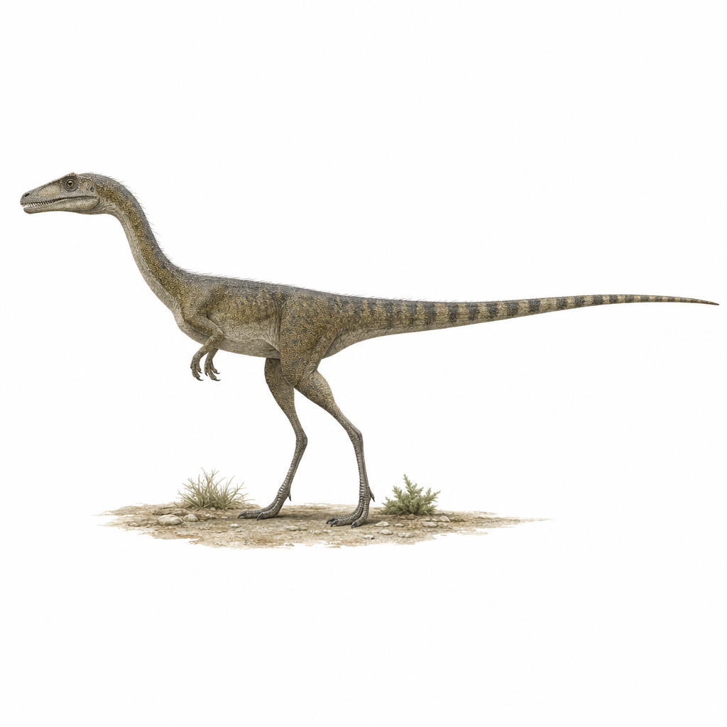 Reconstitution d'un Compsognathus longipes, petit théropode élancé, dressé sur ses deux pattes avec une longue queue effilée, dans un paysage côtier du Jurassique européen