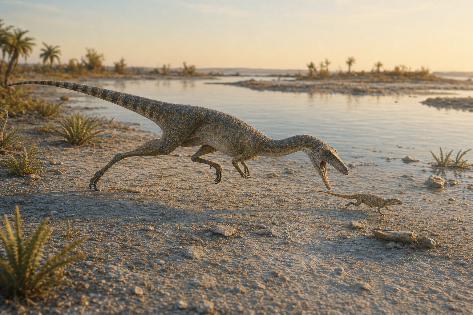 Reconstitution d'un Compsognathus poursuivant un petit lézard au bord d'une lagune du Jurassique européen, parmi des plantes basses