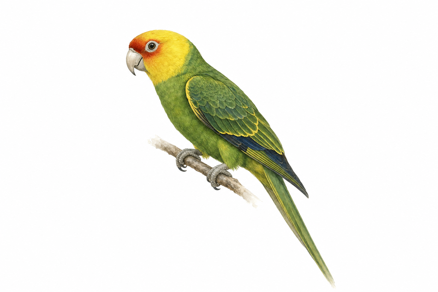 Conure de Caroline perchée, perroquet au corps vert, à la tête jaune vif et à la face rouge-orangé, longue queue verte pointue et bec clair crochu
