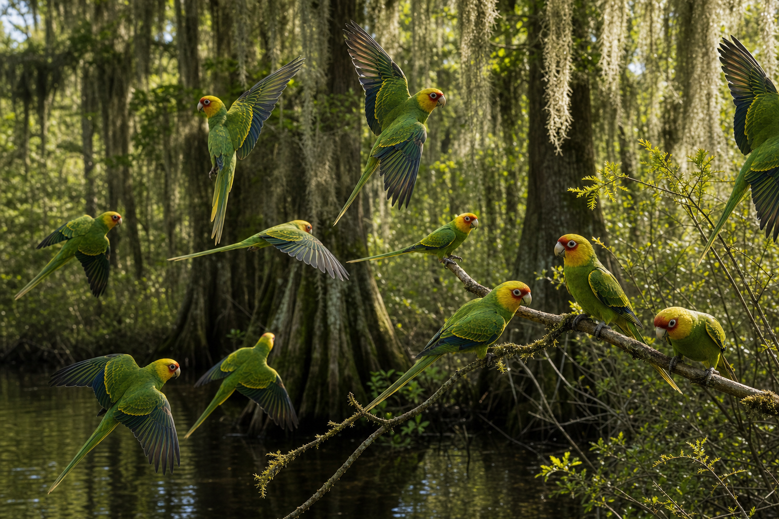 Nuée de Conures de Caroline aux couleurs vives dans une forêt marécageuse de cyprès de l'est de l'Amérique du Nord