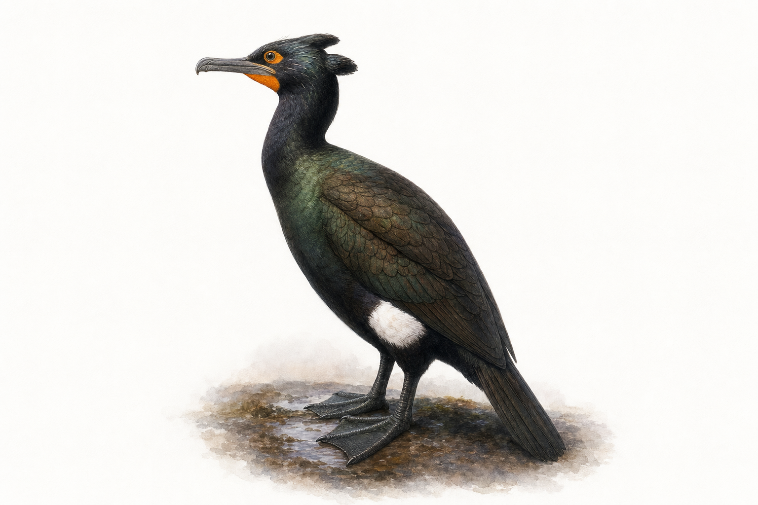 Reconstitution d'un cormoran de Pallas, grand cormoran au plumage noir verdâtre, à la huppe et au cercle de peau orangée autour de l'œil, sur une côte rocheuse de la mer de Béring