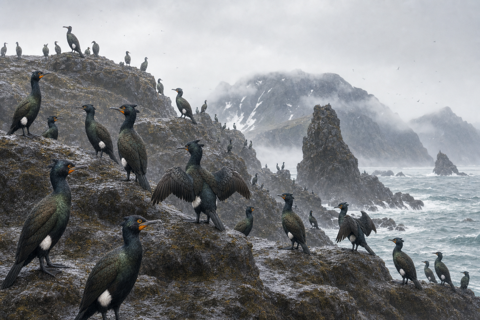 Colonie de cormorans de Pallas sur une côte rocheuse de la mer de Béring