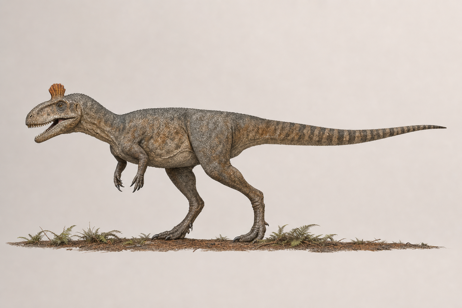 Reconstitution de profil du Cryolophosaurus, théropode bipède d'environ six mètres, portant au-dessus des yeux une crête osseuse plissée orientée en travers du crâne, dans une forêt de conifères