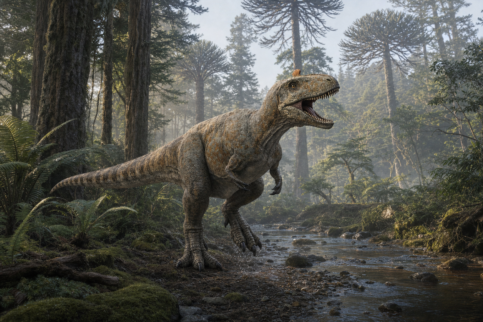 Reconstitution d'un Cryolophosaurus dans la forêt jurassique d'Antarctique