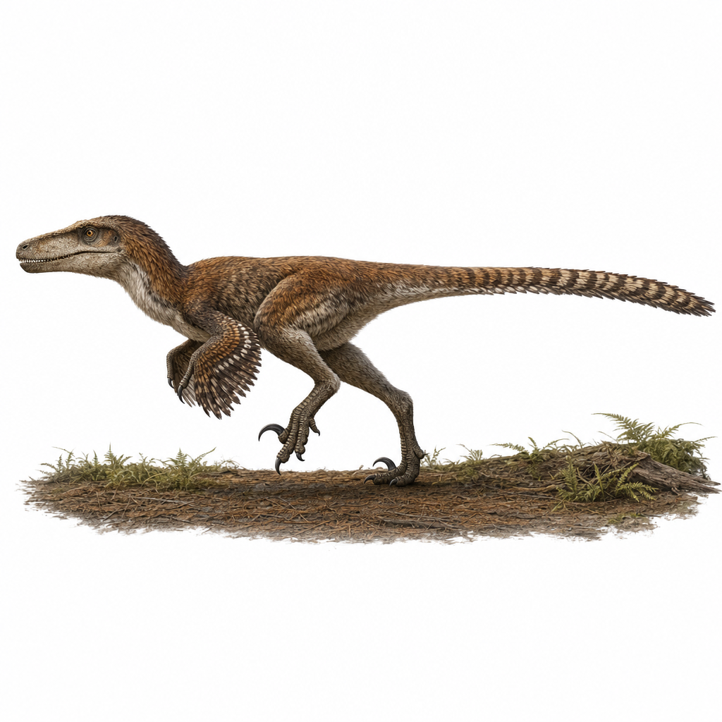Reconstitution d'un Deinonychus antirrhopus emplumé, de profil, en posture active, montrant sa grande griffe en faucille relevée et sa longue queue rigide tenue à l'horizontale
