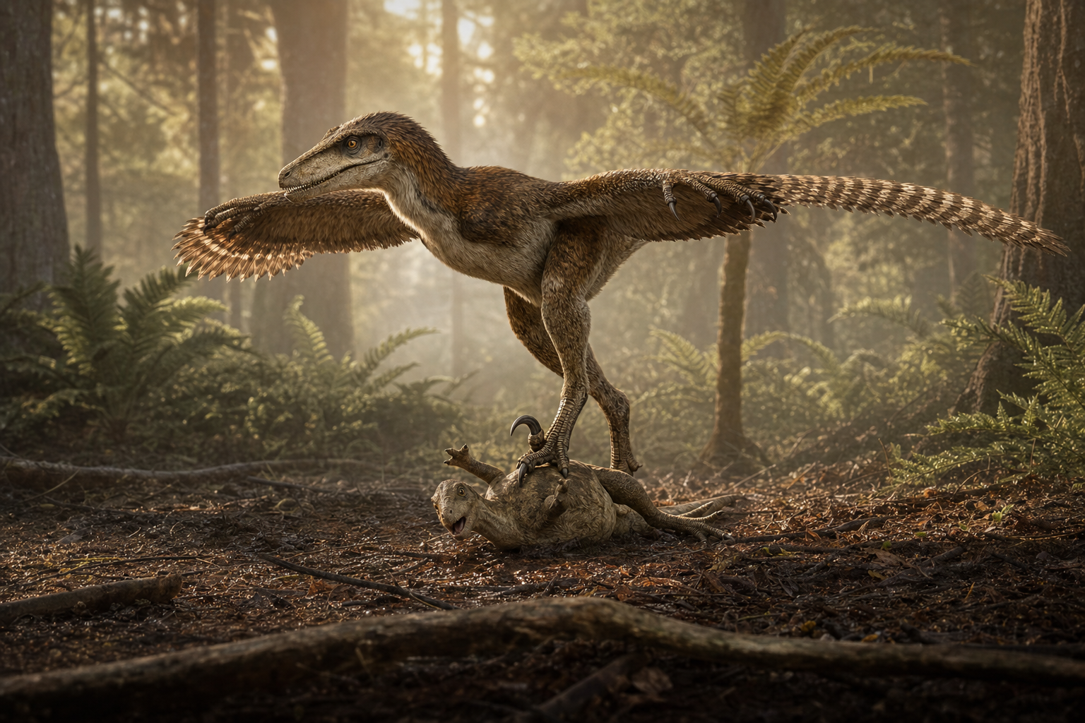 Un Deinonychus emplumé clouant une proie au sol dans une plaine boisée du Crétacé inférieur