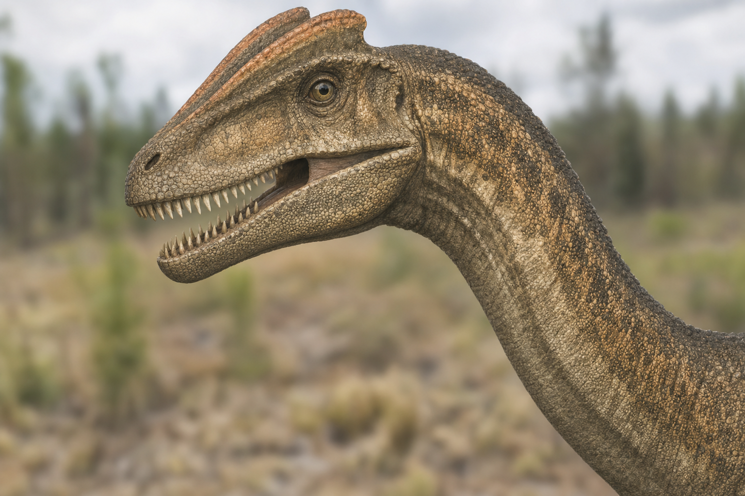 Gros plan sur la tête d'un Dilophosaurus montrant en détail les deux crêtes osseuses parallèles dressées sur le crâne et l'encoche caractéristique de la mâchoire supérieure