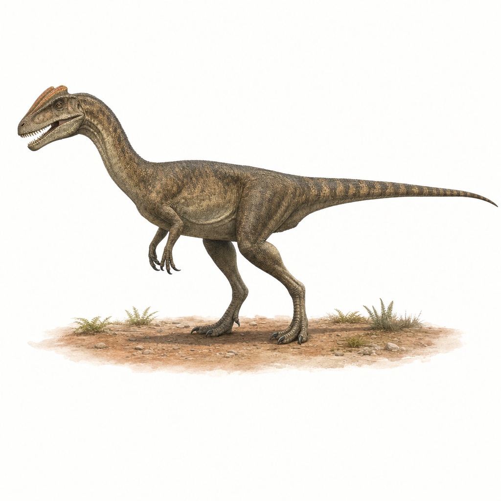 Reconstitution d'un Dilophosaurus wetherilli de profil, debout sur ses deux pattes, montrant ses deux crêtes osseuses parallèles sur le crâne et sa silhouette élancée de grand prédateur du Jurassique inférieur
