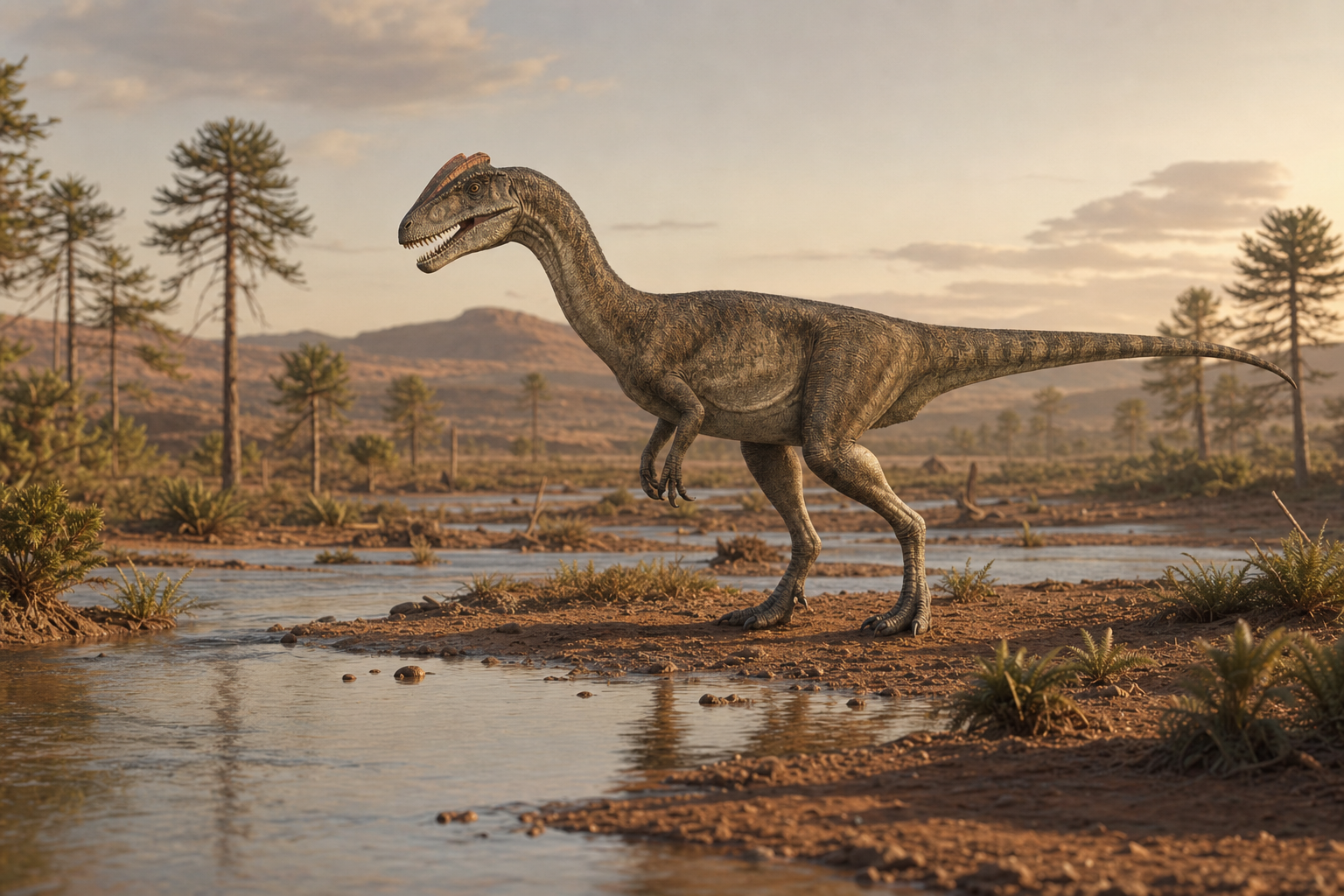 Un Dilophosaurus au bord d'une rivière dans une plaine fluviale semi-aride d'Arizona au Jurassique inférieur