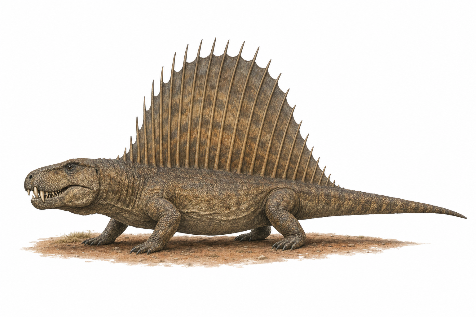 Reconstitution d'un Dimetrodon, prédateur quadrupède du Permien portant une grande voile de peau tendue sur de longues épines dorsales, dans un paysage de plaine rouge