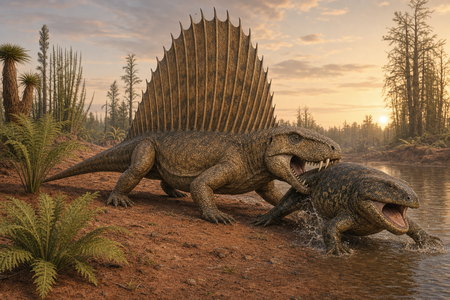Un Dimetrodon chassant un grand amphibien du Permien au bord d'un cours d'eau, dans une plaine alluviale rouge bordée de fougères et de conifères primitifs