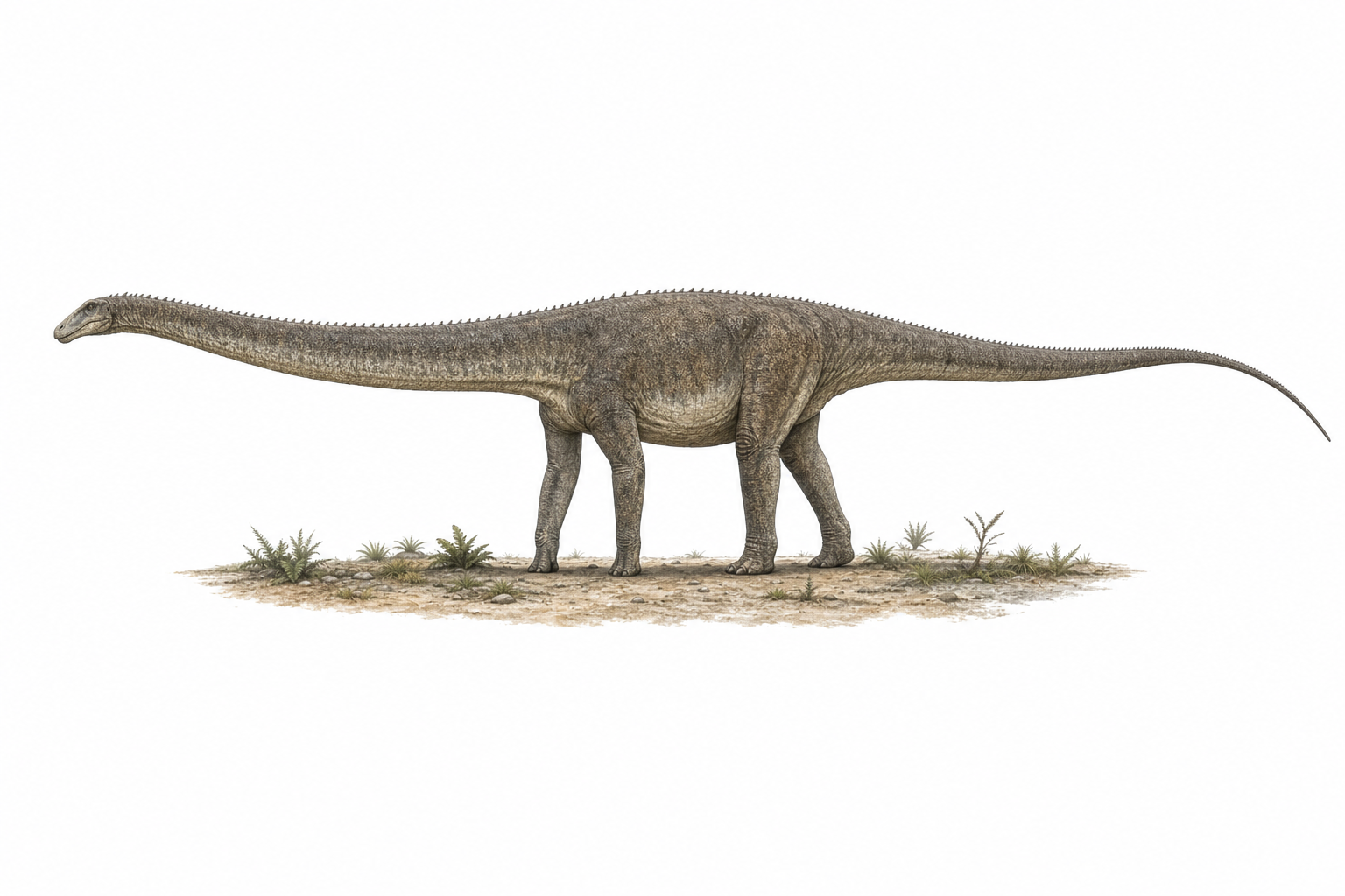 Diplodocus carnegii reconstitution en vue latérale : sauropode extrêmement allongé au cou et à la queue tenus à l'horizontale, corps gracile, petite tête