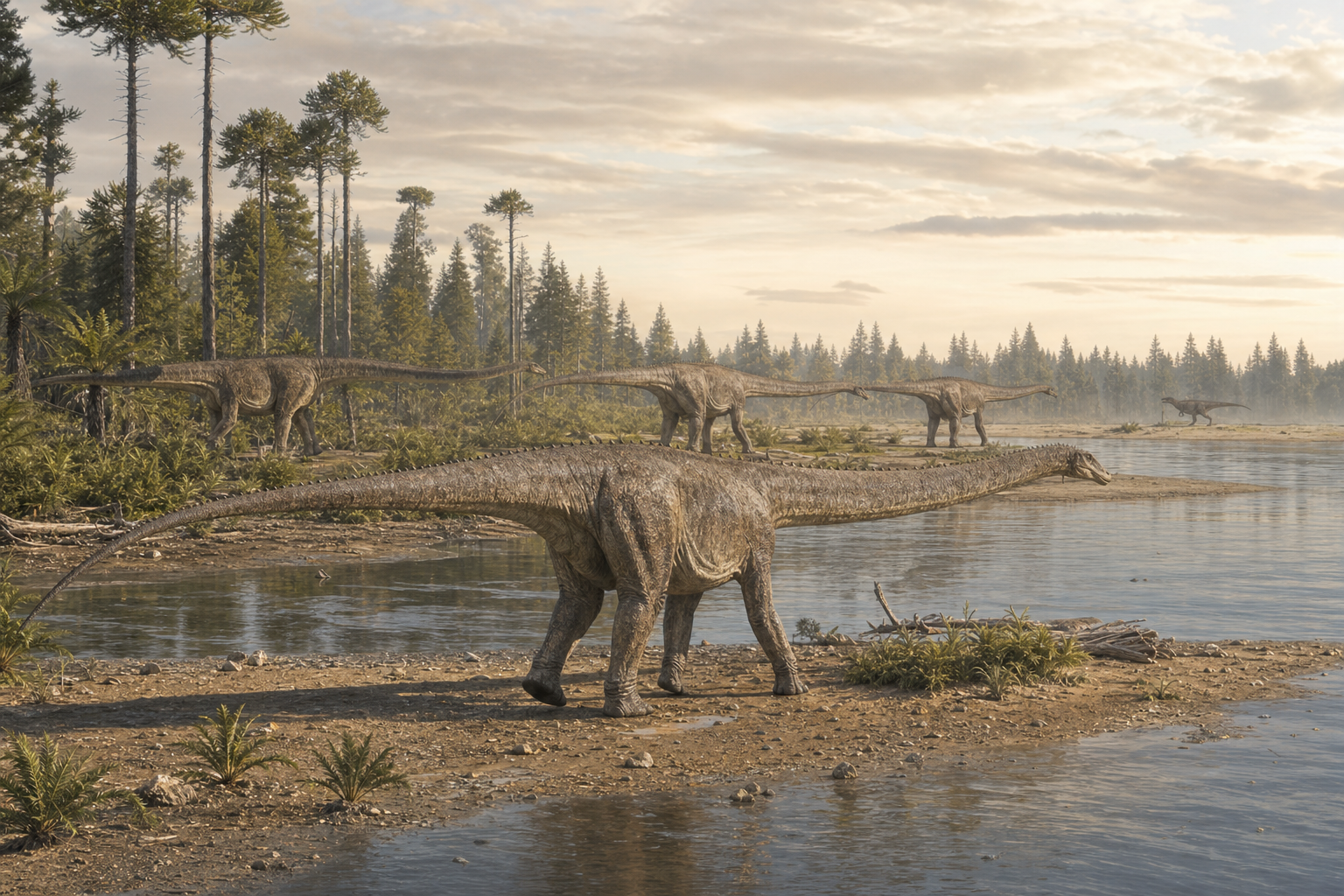 Une harde de Diplodocus au bord d'une rivière de la Formation de Morrison