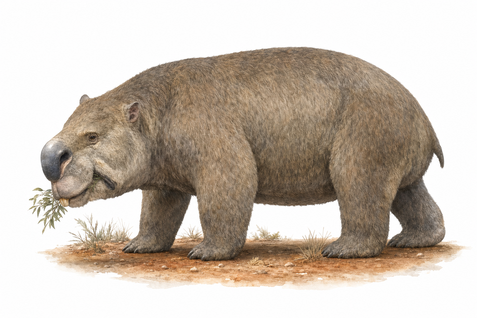 Reconstitution d'un Diprotodon, énorme marsupial herbivore quadrupède au corps massif, à la grosse tête et aux pattes trapues, dans un paysage aride d'Australie du Pléistocène
