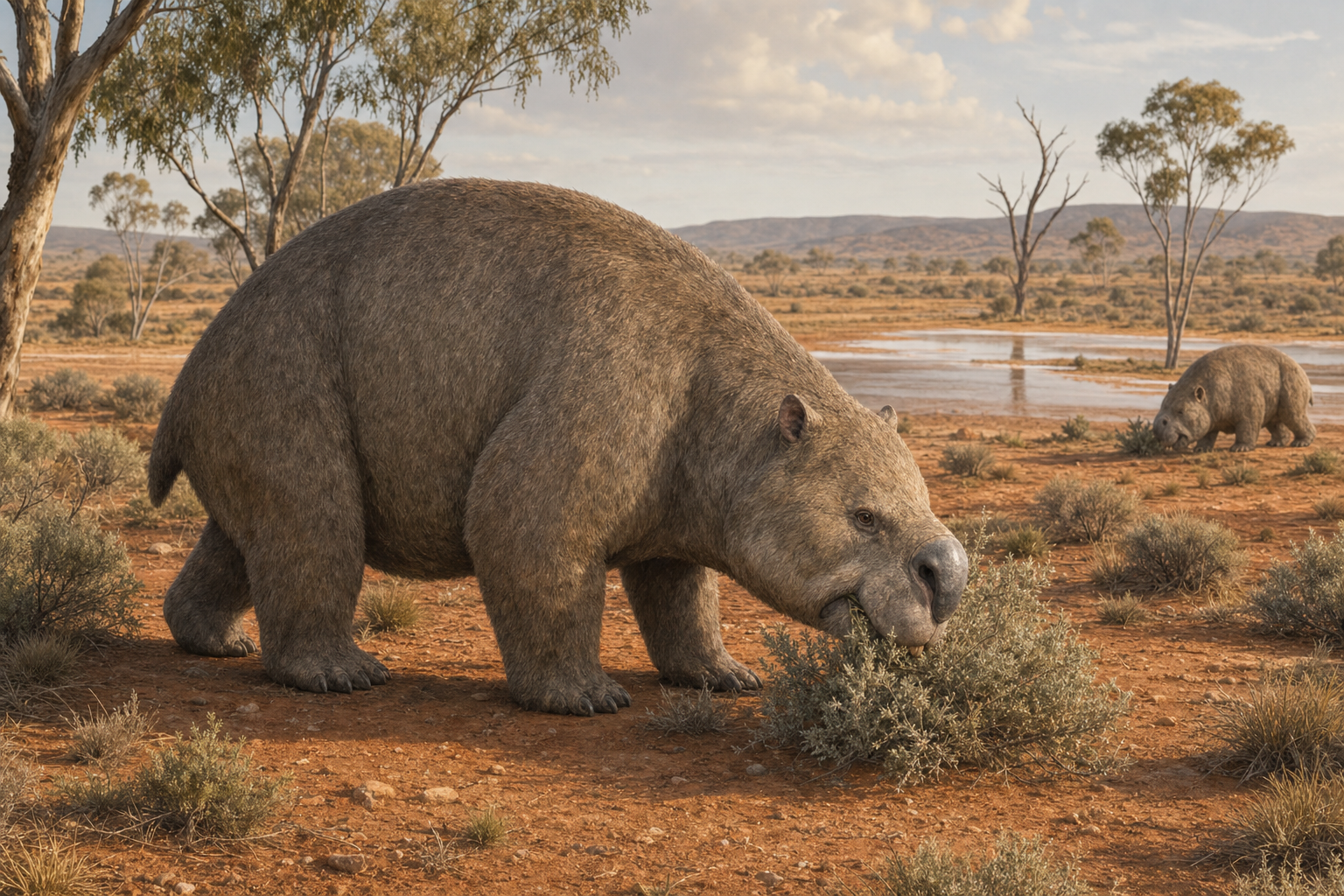 Reconstitution d'un Diprotodon broutant dans une plaine d'Australie au Pléistocène