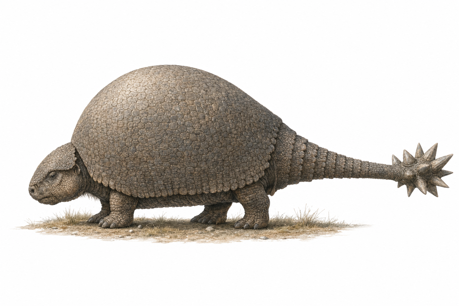 Reconstitution de profil du Doedicurus, mammifère massif protégé par une carapace en dôme, traînant une longue queue terminée par une massue osseuse hérissée de pointes, dans une plaine herbeuse