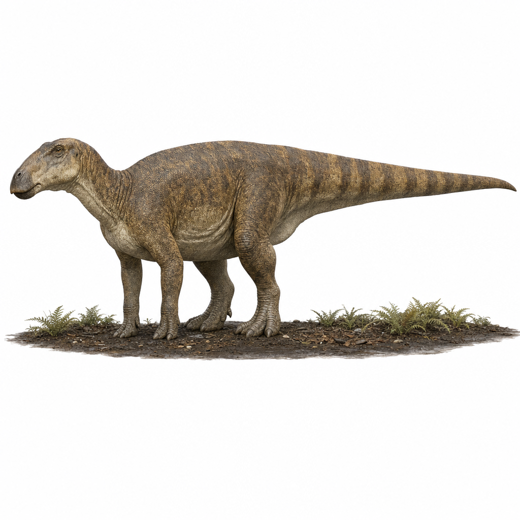 Reconstitution d'un Edmontosaurus adulte, de profil, sur un sol de plaine côtière boisée du Crétacé supérieur