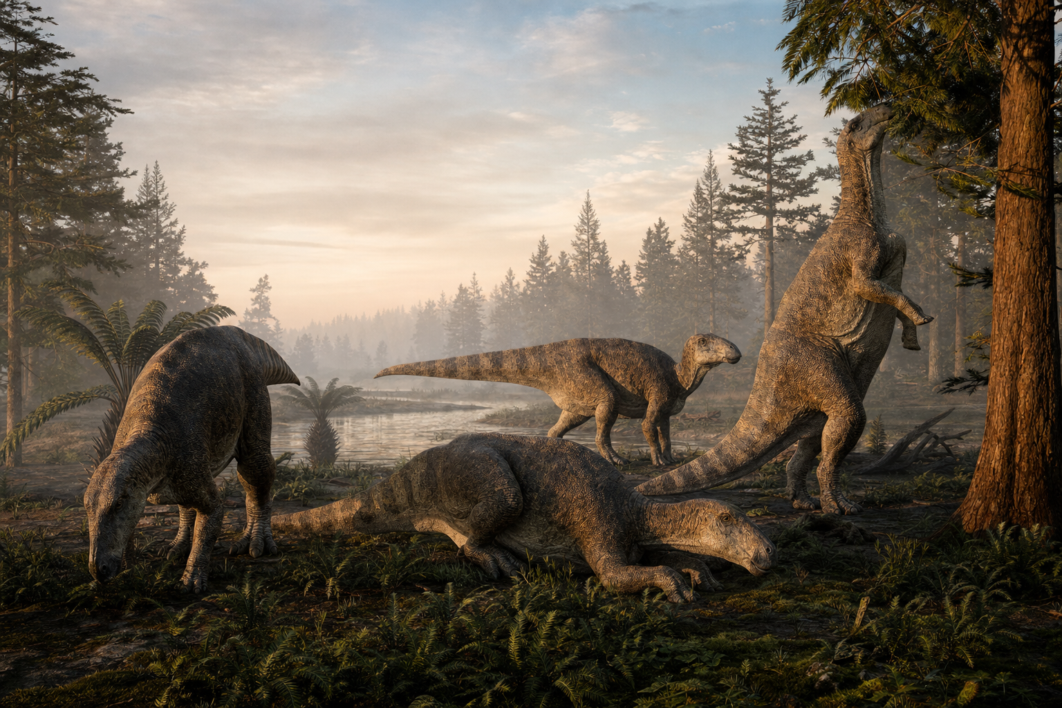 Un troupeau d'Edmontosaurus dans la plaine de Hell Creek à l'aube