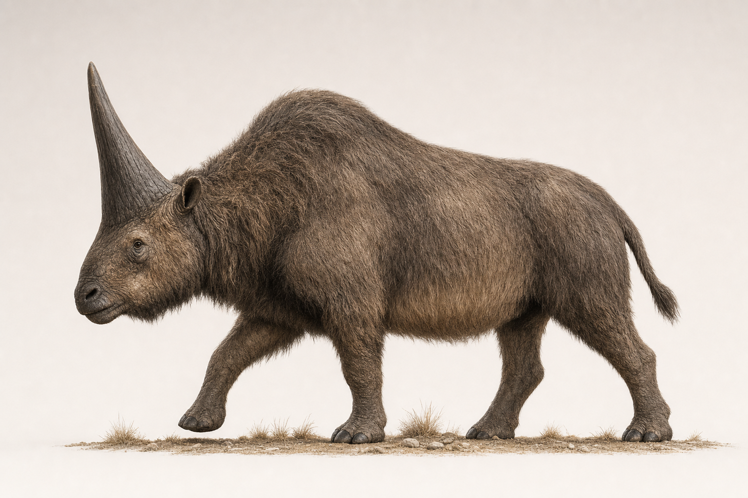 Reconstitution de profil de l'Elasmotherium, rhinocéros géant à longues pattes, au corps massif couvert d'un pelage brun, portant un énorme dôme bombé sur le front à la place d'une corne, dans une steppe sèche
