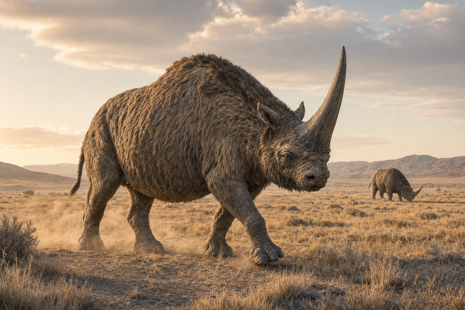 Reconstitution d'un Elasmotherium, la licorne de Sibérie, dans la steppe d'Eurasie