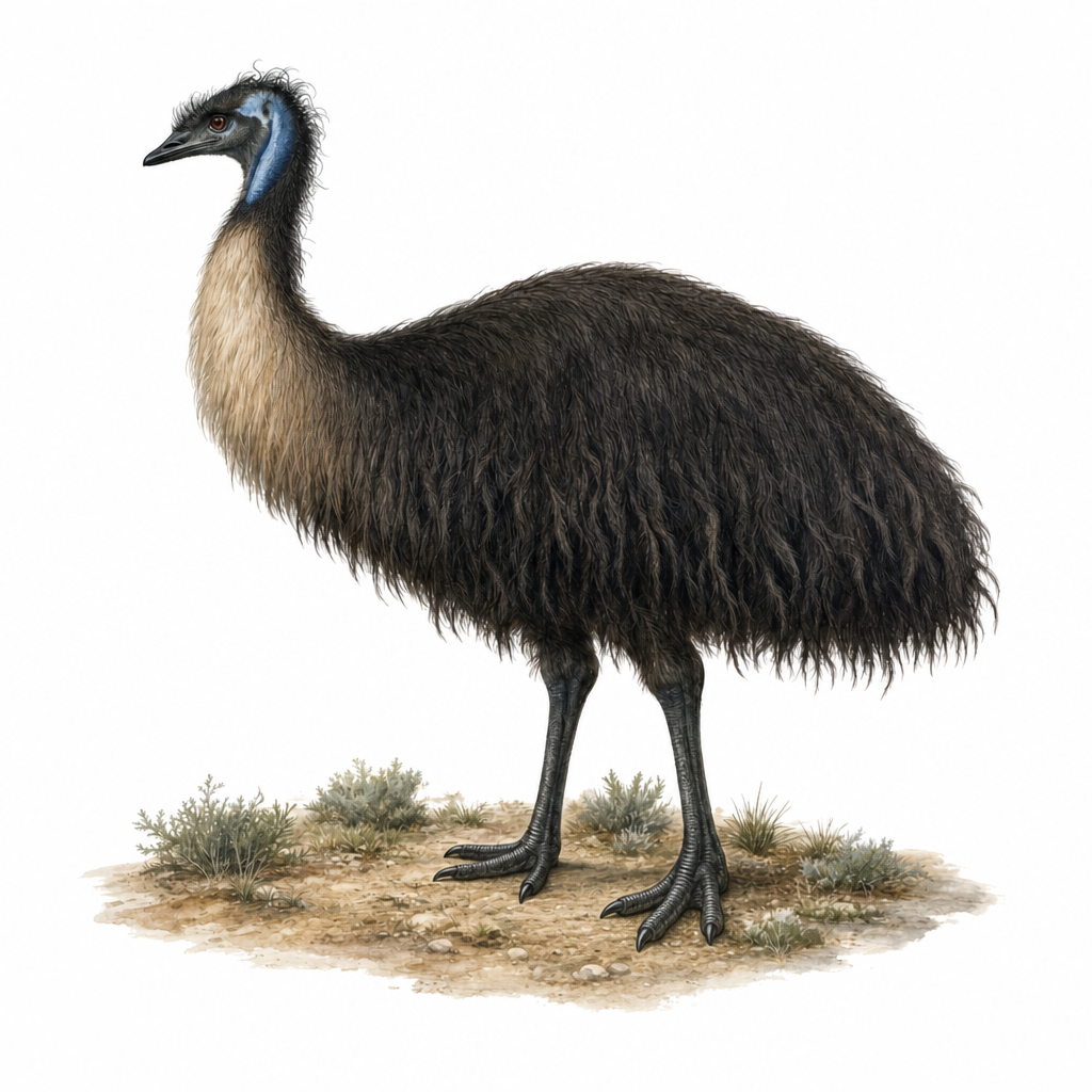 Reconstitution de l'émeu de Baudin, un émeu nain au plumage brun ébouriffé, debout sur deux longues pattes dans un paysage de broussailles côtières de l'île Kangourou