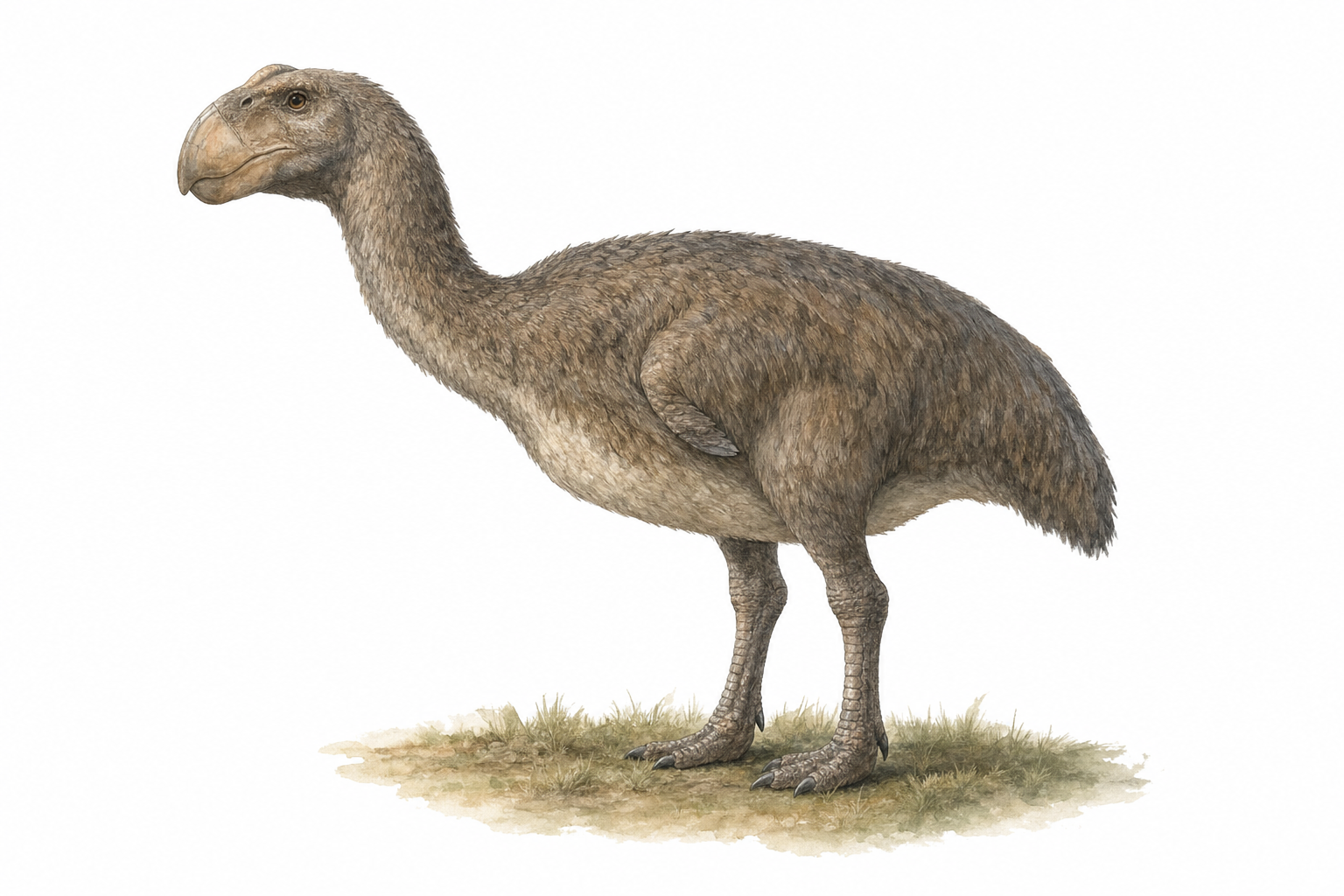 Reconstitution de Genyornis, oiseau géant inapte au vol au corps massif, aux pattes robustes et au gros bec d'oie surmonté d'un casque, dans une plaine herbeuse d'Australie du Pléistocène