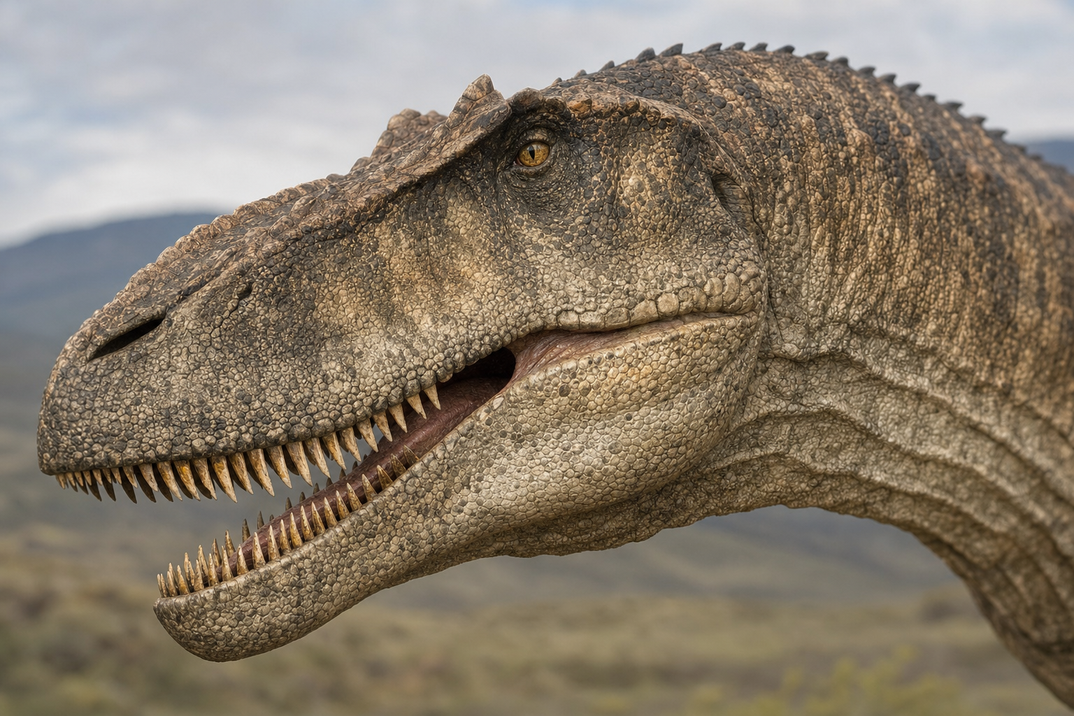 Gros plan sur la tête du Giganotosaurus, montrant son crâne long et bas et ses dents aplaties dentelées en forme de lames