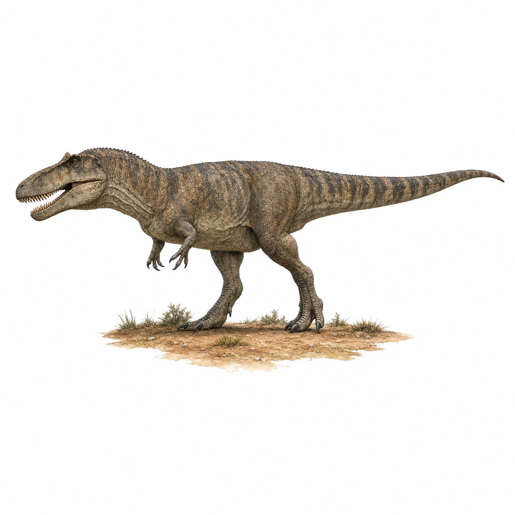 Reconstitution d'un Giganotosaurus carolinii, gigantesque dinosaure carnivore bipède au crâne long et bas, marchant dans un paysage de Patagonie au Crétacé supérieur