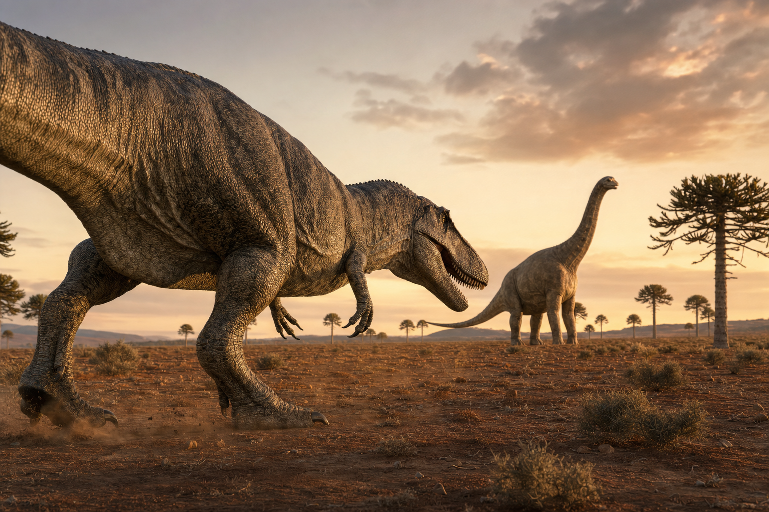 Un Giganotosaurus traquant un sauropode géant dans une plaine de Patagonie au Crétacé supérieur, dans la lumière chaude de fin de journée