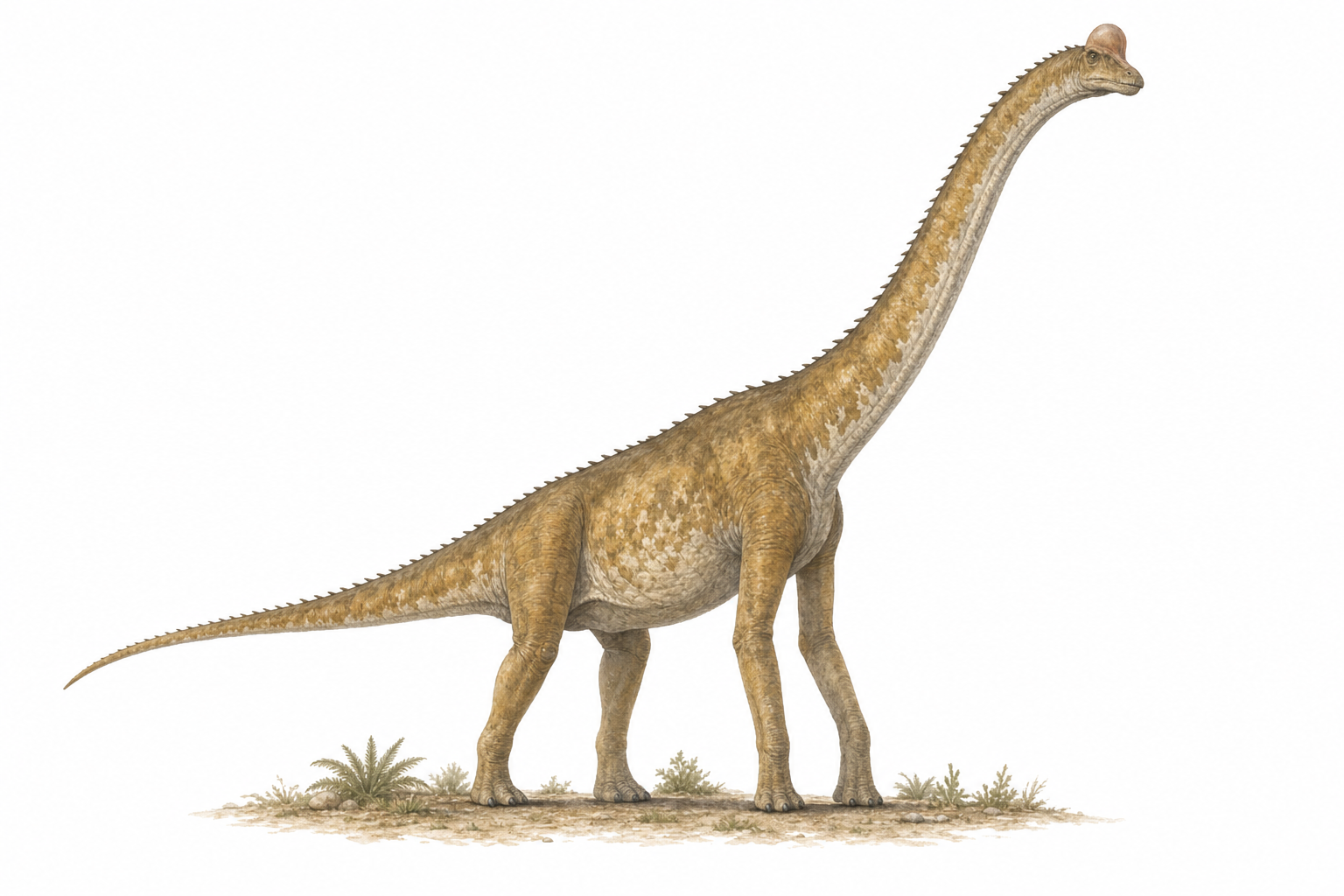 Reconstitution d'un Giraffatitan brancai, sauropode géant au cou dressé très haut, membres antérieurs plus longs que les postérieurs, et haute crête nasale arrondie sur le museau