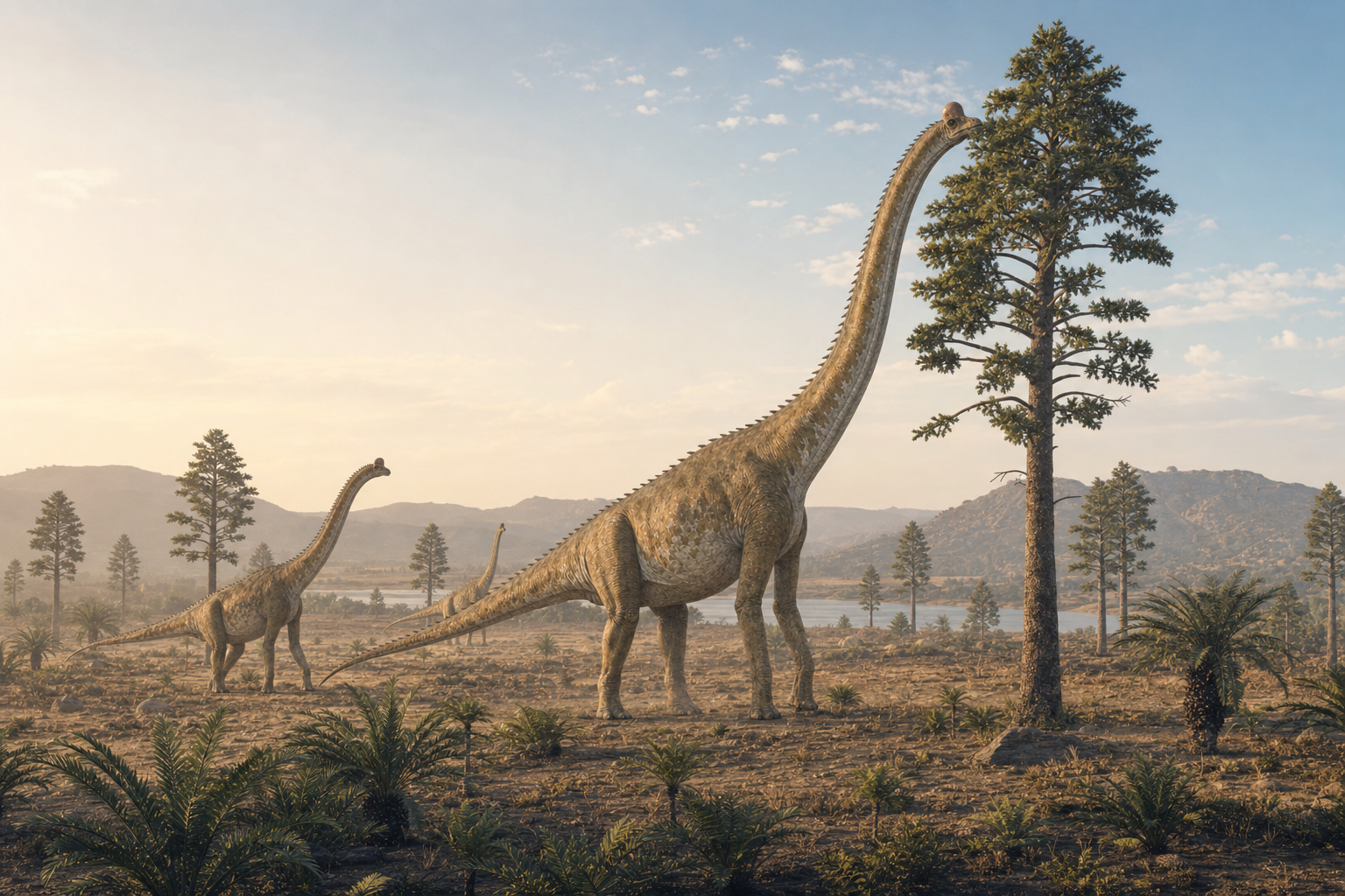 Un troupeau de Giraffatitan brancai broutant la cime des conifères dans une plaine d'Afrique de l'Est au Jurassique supérieur, lumière chaude de fin de journée