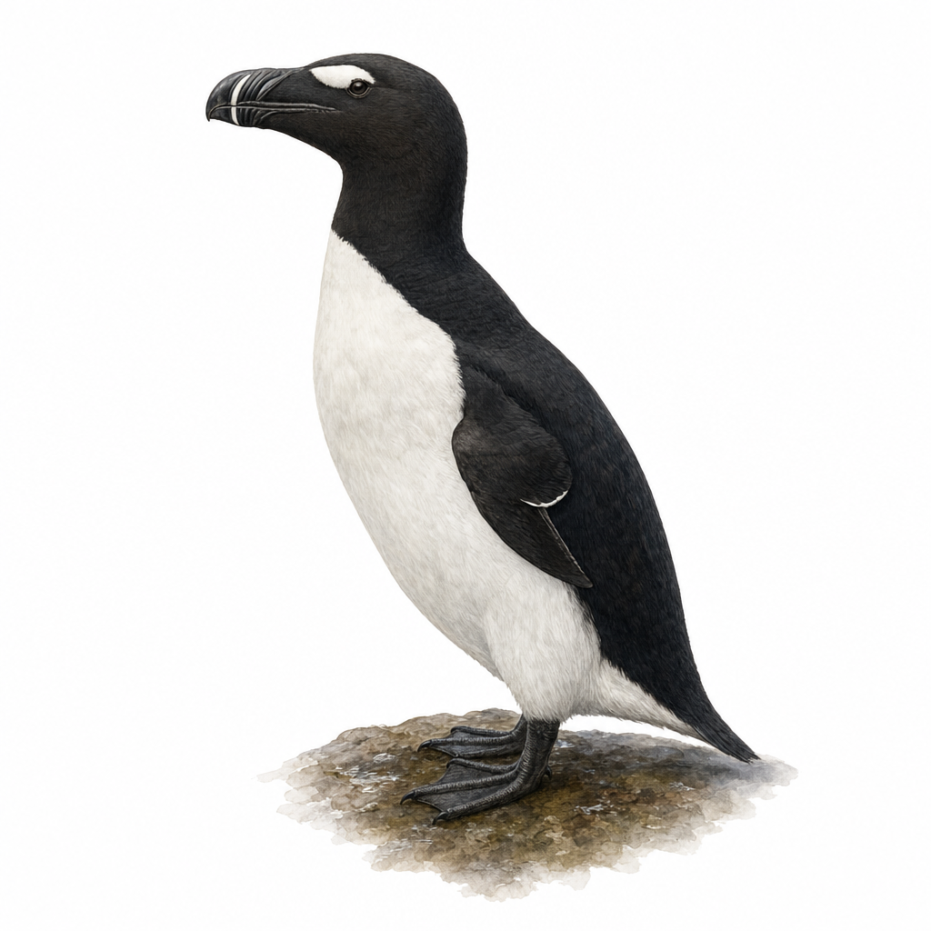 Reconstitution d'un grand pingouin debout sur un rocher, oiseau marin au dos noir et au ventre blanc, avec une grande tache blanche devant l'œil et un gros bec noir à sillons