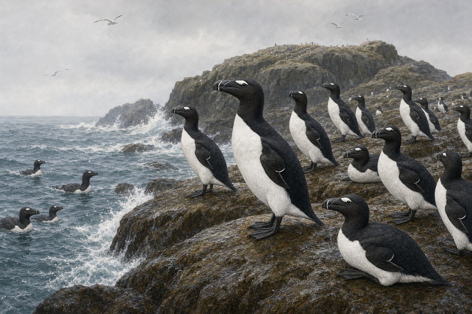Colonie de grands pingouins rassemblés sur une île rocheuse battue par les vagues de l'Atlantique Nord, sous un ciel gris