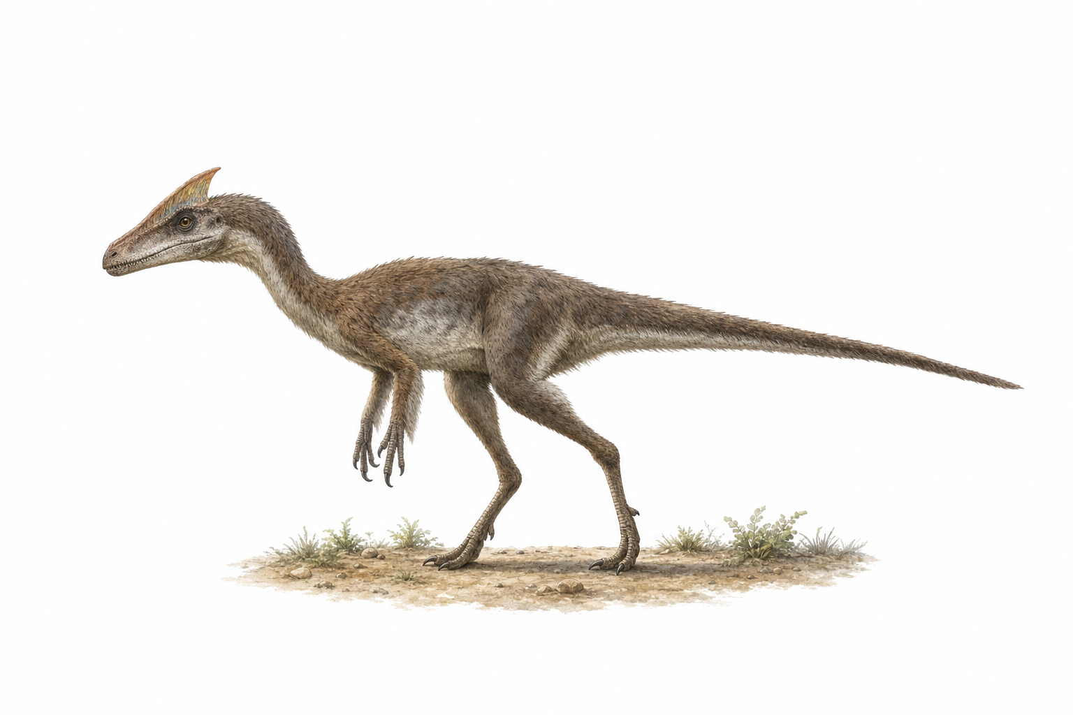 Reconstitution d'un Guanlong wucaii, petit théropode bipède au corps élancé, aux longs bras à trois doigts et à la fine crête médiane dressée sur le crâne, dans un paysage du Jurassique supérieur de Chine