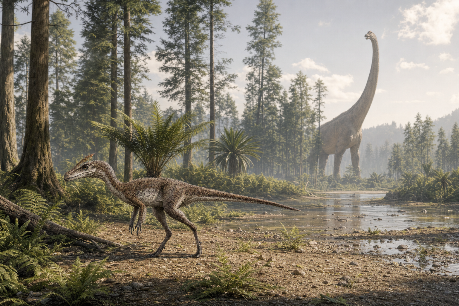 Un Guanlong wucaii dans une forêt clairsemée du Jurassique supérieur de Chine, avec au loin un gigantesque sauropode Mamenchisaurus au long cou