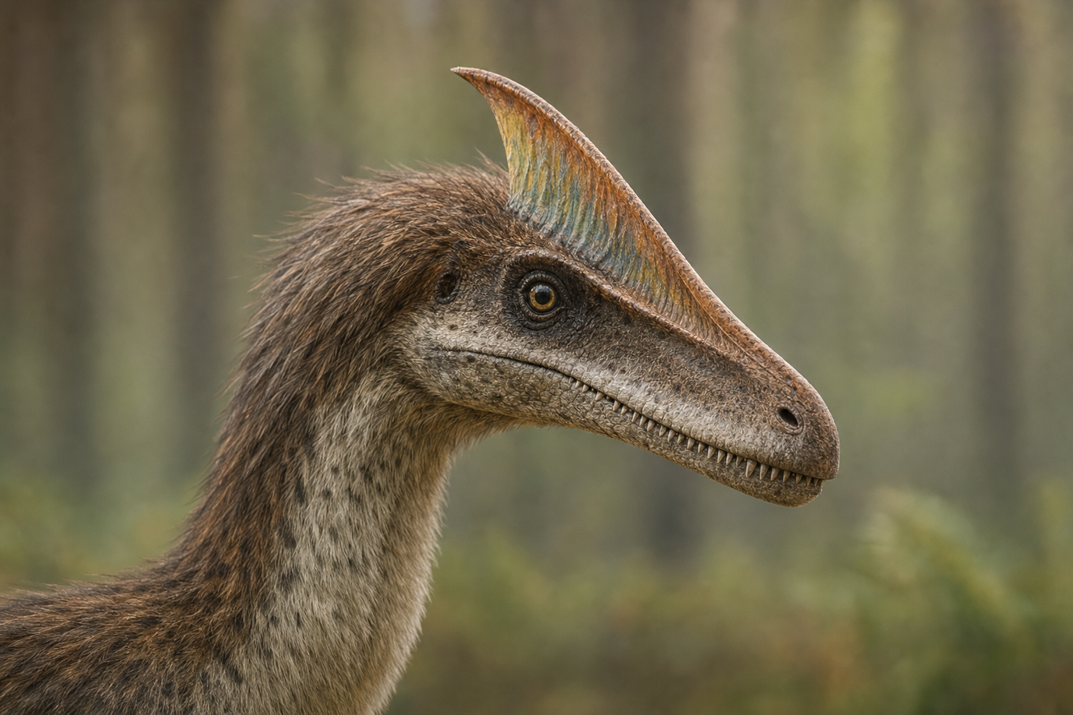 Gros plan de la tête d'un Guanlong wucaii montrant sa fine crête médiane dressée sur le museau et le duvet de protoplumes sur le cou