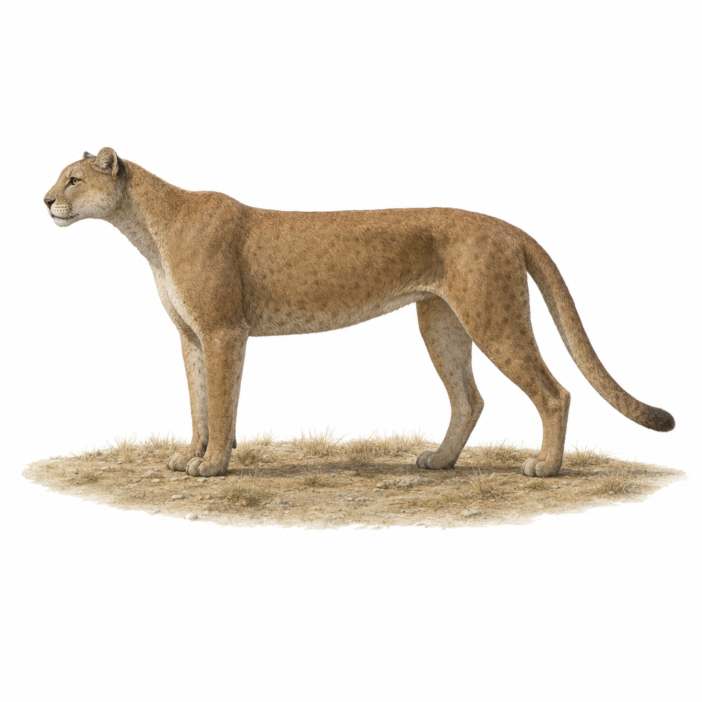 Reconstitution d'un guépard américain, félin élancé à longues pattes et petite tête arrondie, debout dans une plaine herbeuse sèche d'Amérique du Nord au Pléistocène