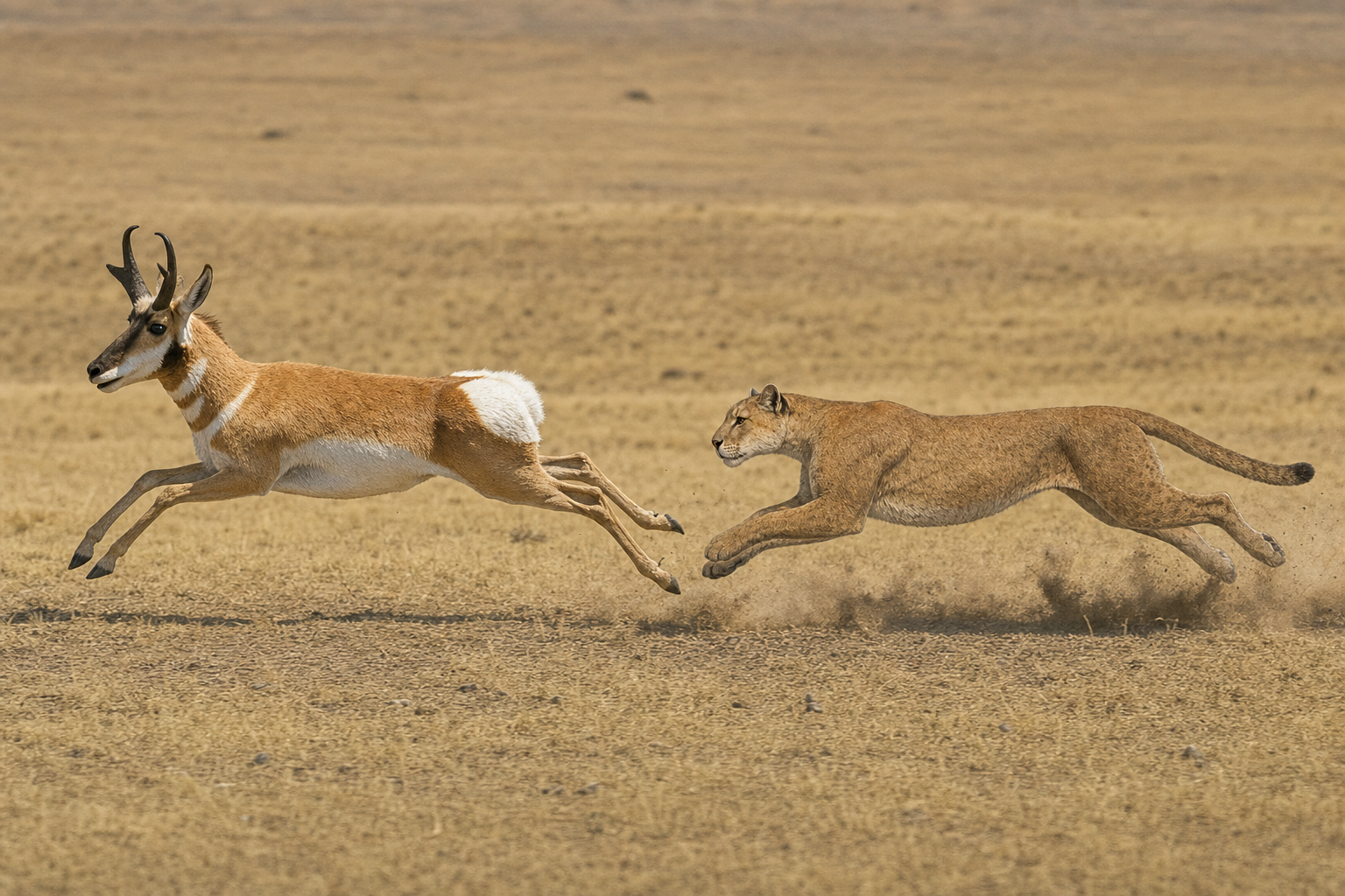 Scène d'un guépard américain lancé à la poursuite d'un pronghorn à travers une plaine herbeuse du Pléistocène nord-américain