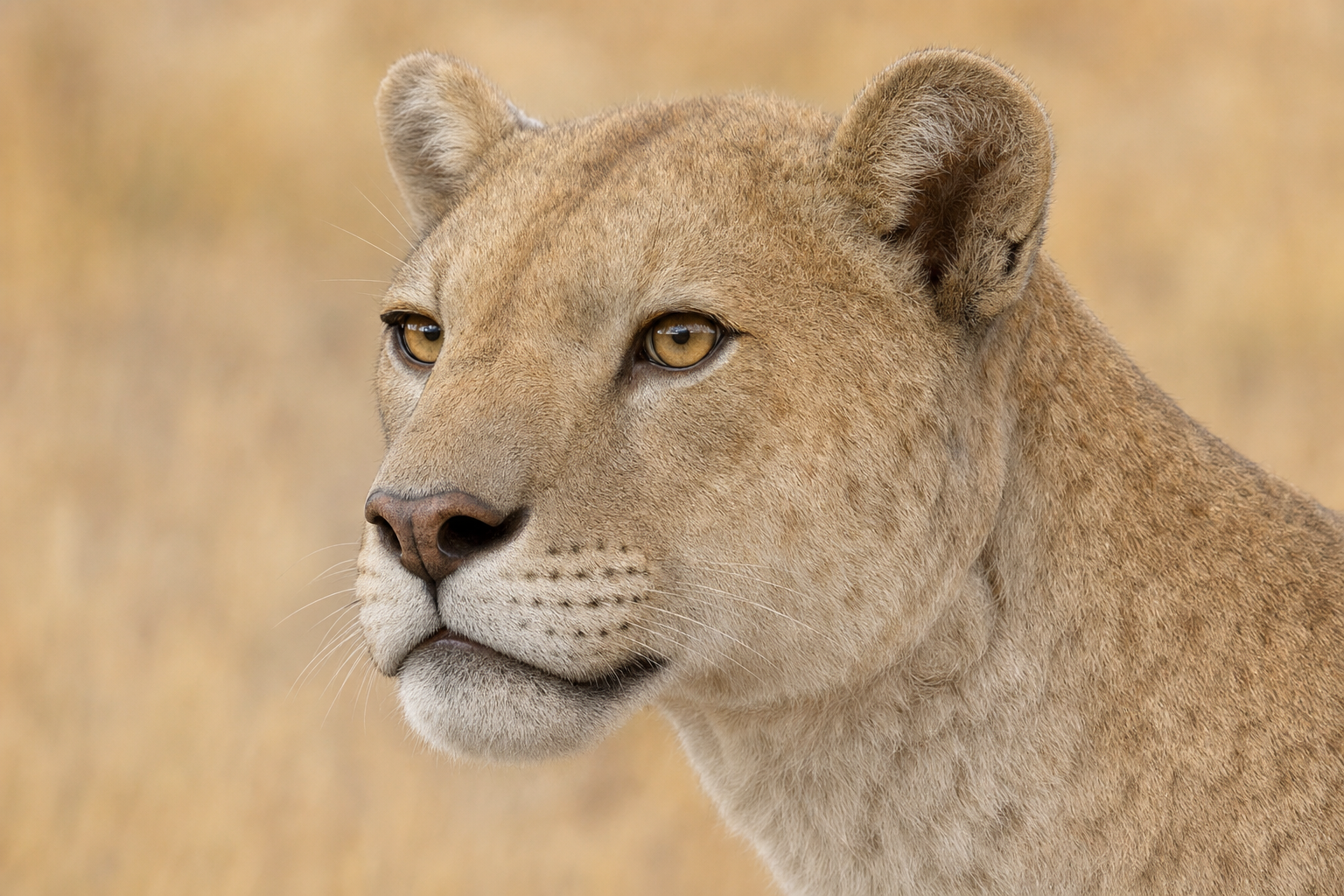 Gros plan de la tête d'un guépard américain : petite tête arrondie au museau court, yeux ambre, sans les larmes noires du guépard d'Afrique
