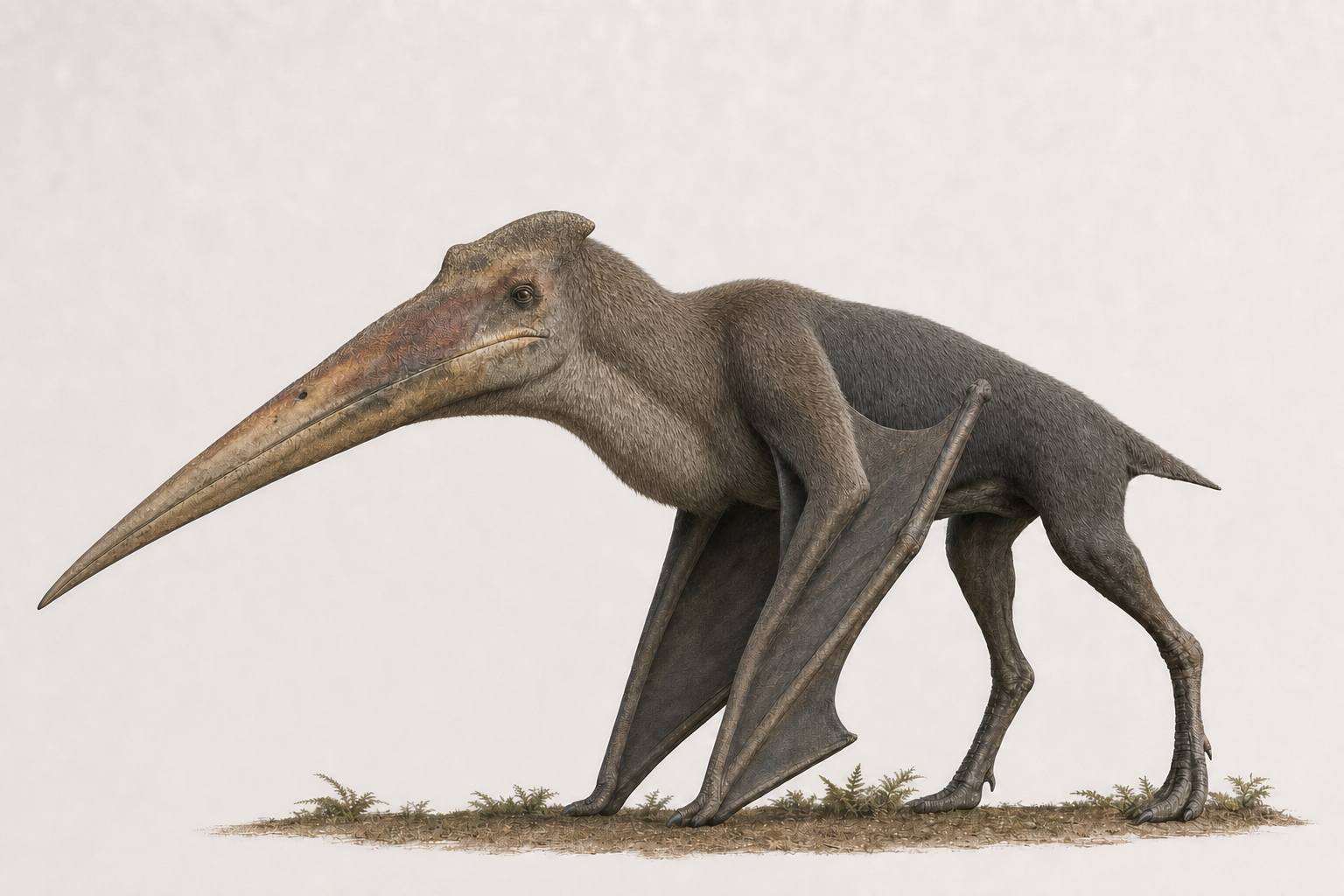Reconstitution d'un Hatzegopteryx, ptérosaure géant debout sur ses quatre membres, ailes repliées, dressé aussi haut qu'une girafe, avec une tête énorme au long bec et un cou court et puissant