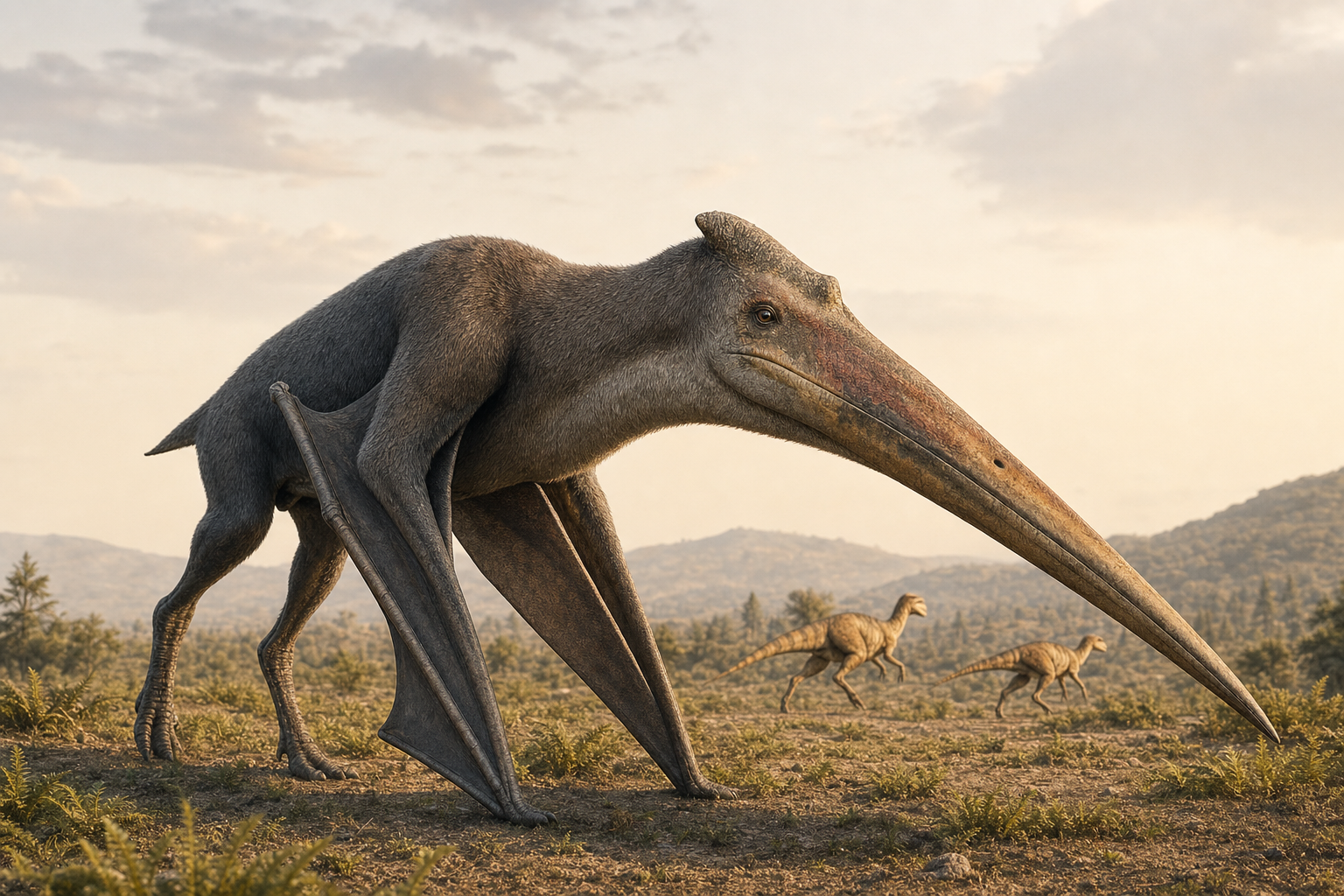 Un Hatzegopteryx en chasse marchant à quatre pattes dans une plaine de l'île de Hațeg, dominant de petits dinosaures qui s'écartent, sous une lumière dorée