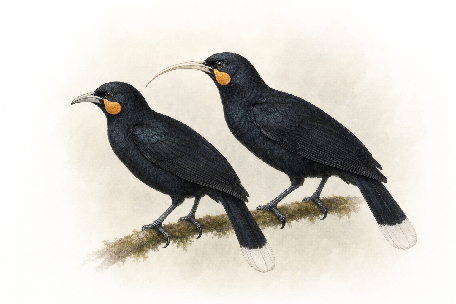 Couple de Huia perché : mâle au bec court et droit, femelle au bec long et fortement courbé, plumage noir lustré, caroncules orange, queue à bande blanche