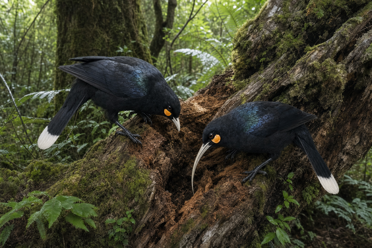 Couple de Huia se nourrissant sur un tronc moussu dans une forêt indigène de Nouvelle-Zélande, le mâle perçant le bois, la femelle sondant une galerie