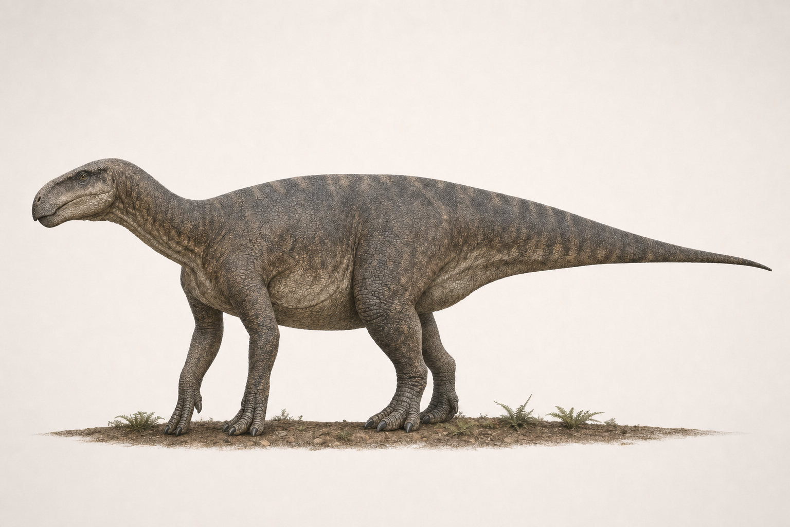 Reconstitution de profil de l'Iguanodon, grand dinosaure herbivore au dos horizontal, en appui sur ses quatre membres, montrant le pic osseux dressé sur son pouce
