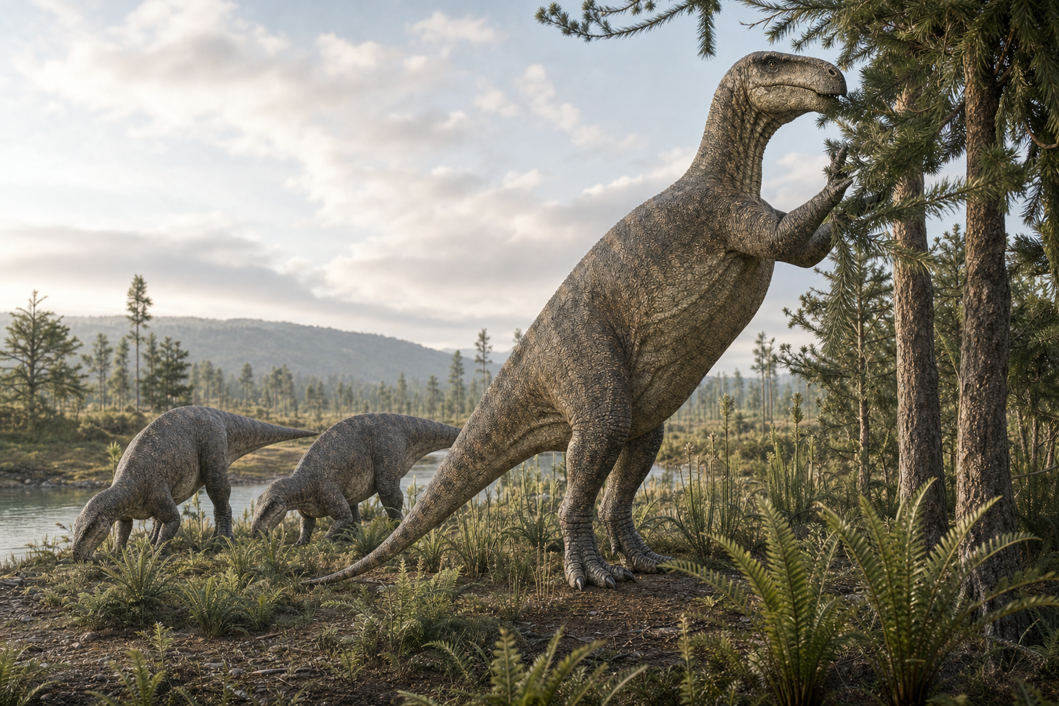 Un troupeau d'Iguanodons dans une plaine boisée du Crétacé inférieur européen, l'un dressé pour brouter un conifère