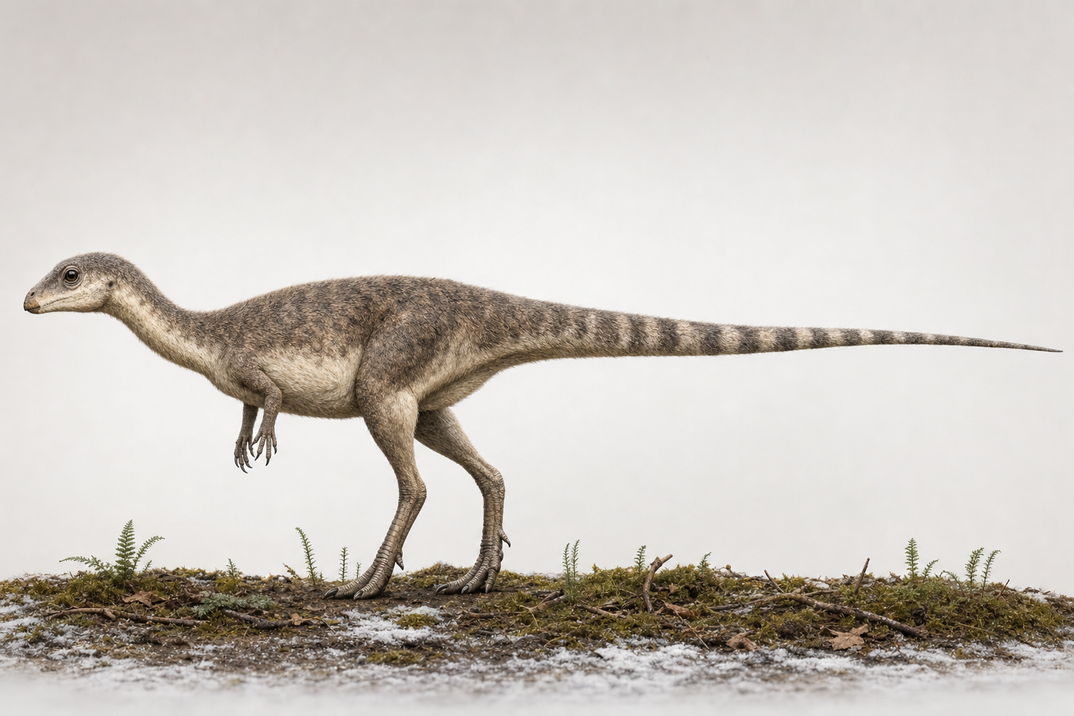 Reconstitution de profil de Leaellynasaura, petit dinosaure herbivore bipède d'environ un mètre, à la très longue queue effilée et au corps couvert d'un fin duvet gris-brun, sur un sol de forêt polaire avec mousse, fougères et plaques de givre